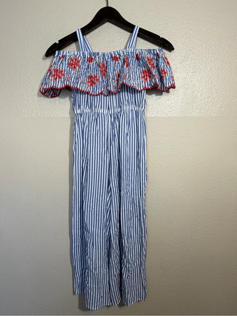 Iris & Ivy Girls Blue & White Striped Off-Shoulder Jumpsuit with Red Floral Trim